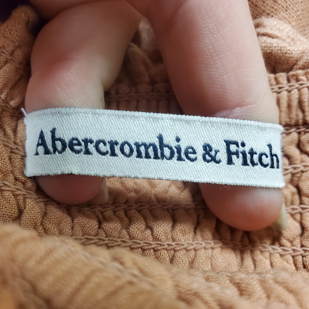 Abercrombie & Fitch Linen Smocked Maxi Dress Orange Puff Sleeve Tiered Pockets S - Picture 5 of 14